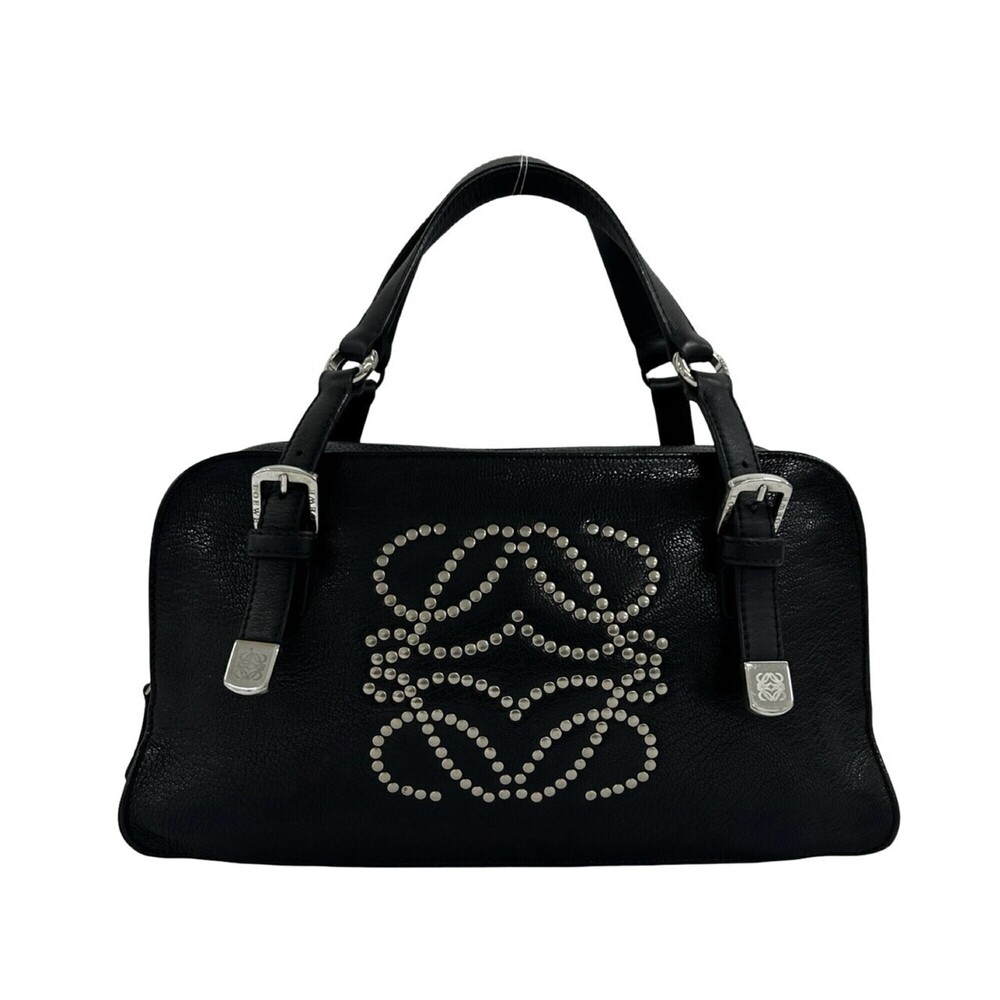 LOEWE Anagram Studded Leather Handbag Mini Boston Bag Tote Black 345-4